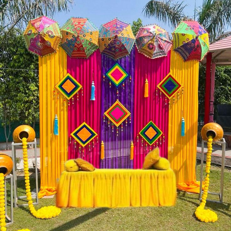 Bright parasols crown outdoor setting
